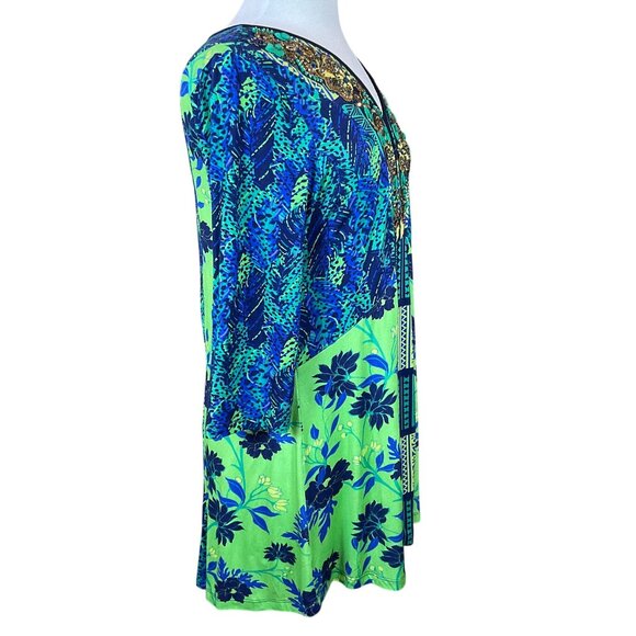 Soft Surroundings 3/4 Sleeve Embroidered Beaded Blue Green V-Neck Tunic M - Picture 3 of 7